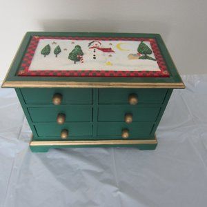 Christmas Holiday Wood Painted Snowman Small 6 Drawer Jewelry Trinket Box